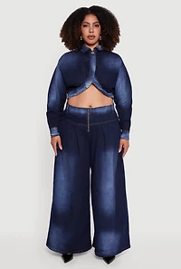 Womens Plus One Button Denim Bolero Jacket, Blue,