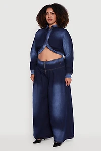 Womens Plus One Button Denim Bolero Jacket, Blue,