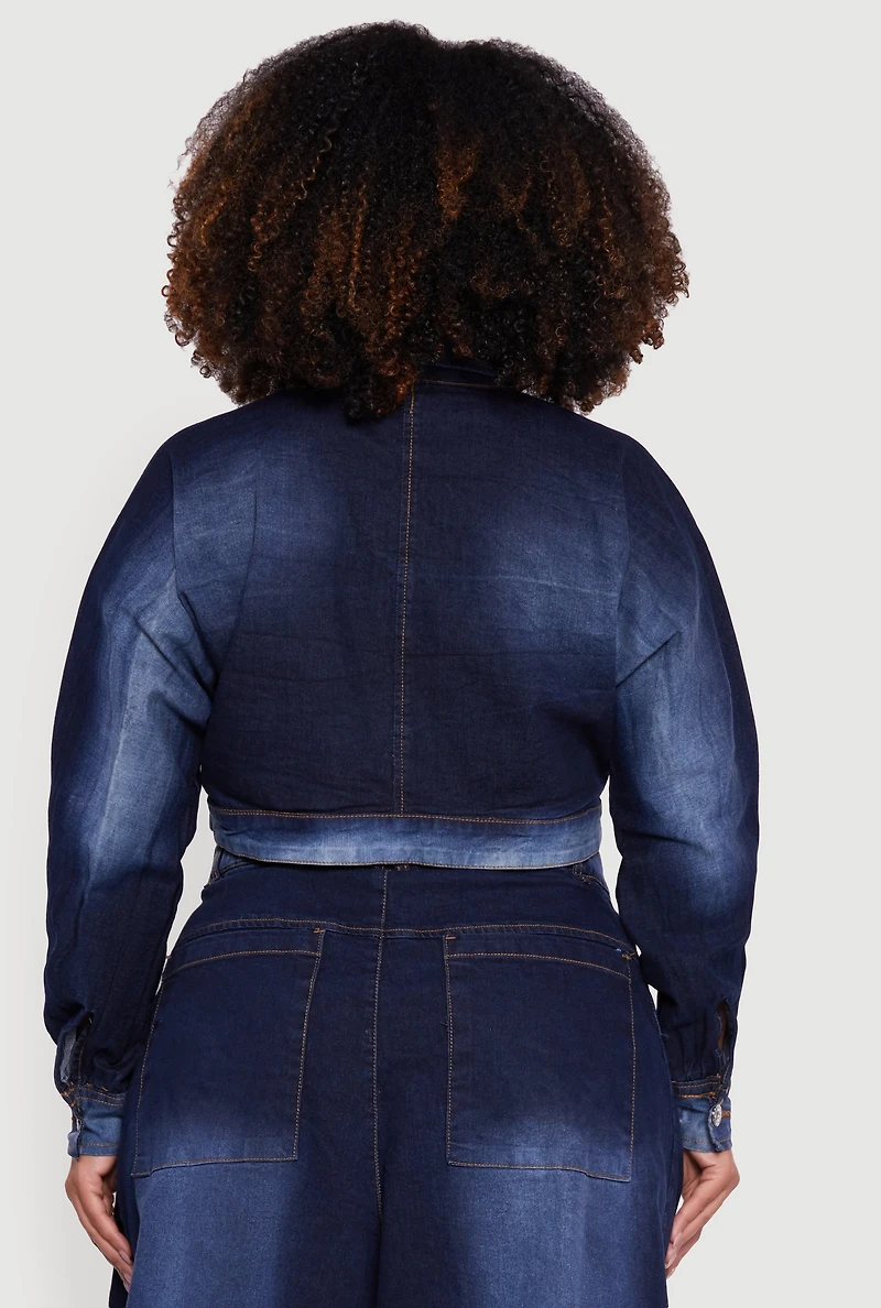 Womens Plus One Button Denim Bolero Jacket, Blue,
