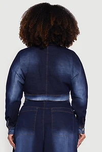 Womens Plus One Button Denim Bolero Jacket, Blue,
