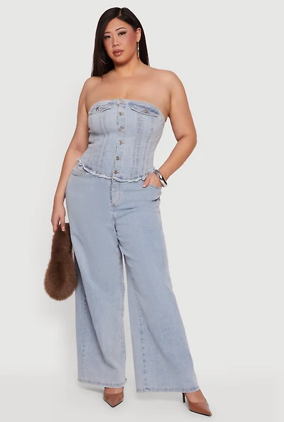 Plus Strapless Button Front Denim Jumpsuit
