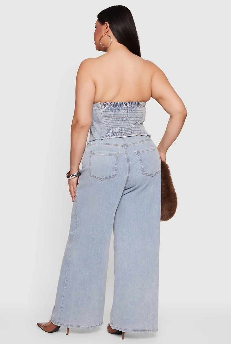 Plus Strapless Button Front Denim Jumpsuit