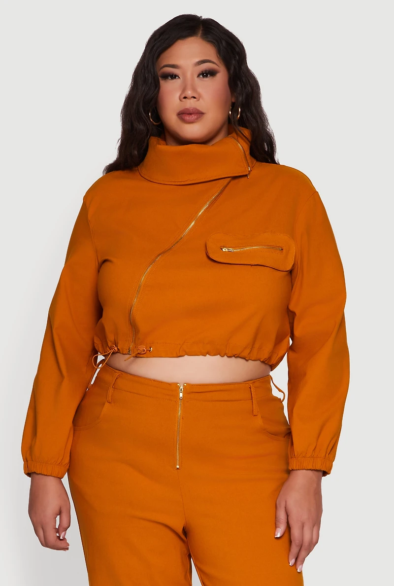 Womens Plus Size Hyper Stretch Asymmetrical Cropped Jacket, Brown, Size 1X