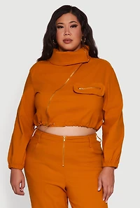 Womens Plus Size Hyper Stretch Asymmetrical Cropped Jacket, Brown, Size 1X