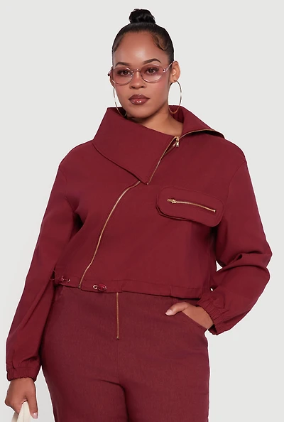Womens Plus Size Hyper Stretch Asymmetrical Cropped Jacket, Burgundy, Size 2X