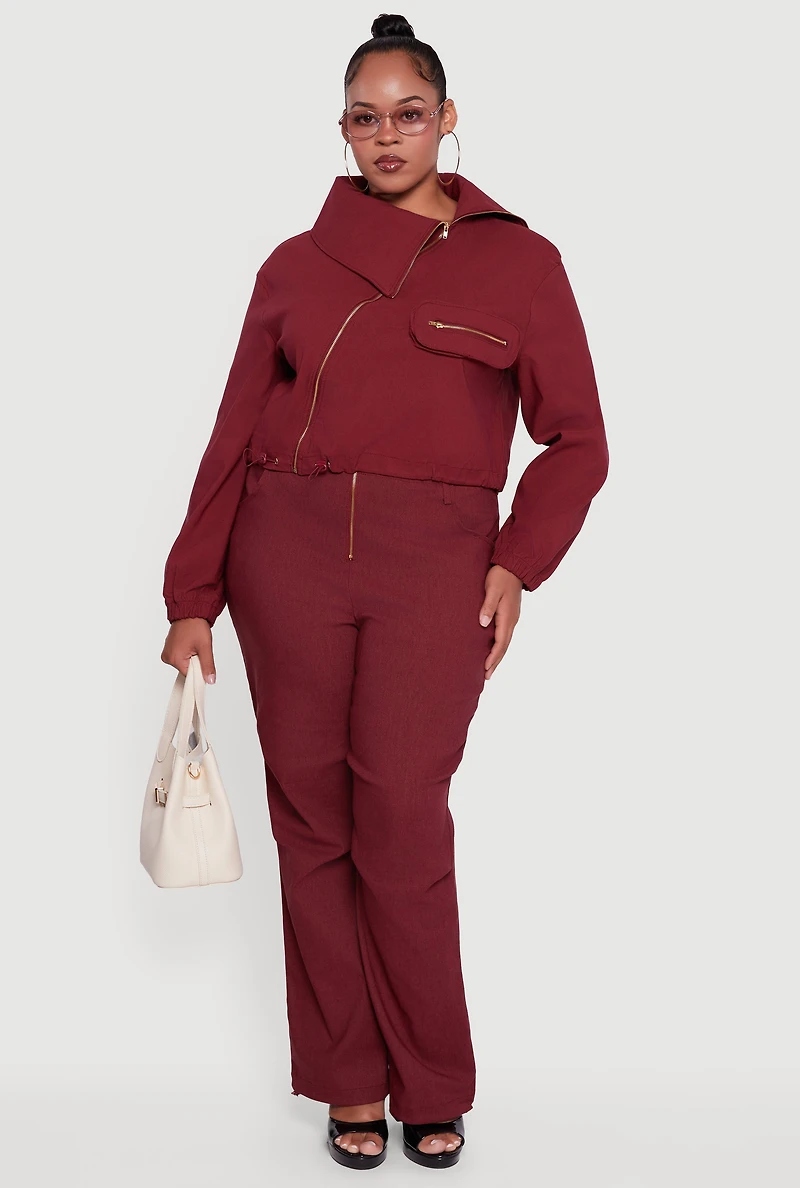 Womens Plus Size Hyper Stretch Asymmetrical Cropped Jacket, Burgundy, Size 2X