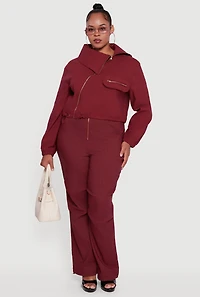 Womens Plus Size Hyper Stretch Asymmetrical Cropped Jacket, Burgundy, Size 2X