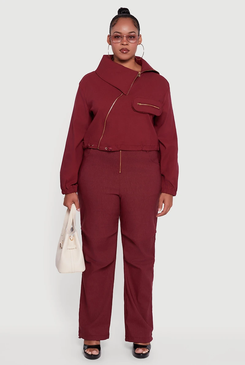 Womens Plus Size Hyper Stretch Asymmetrical Cropped Jacket, Burgundy, Size 2X
