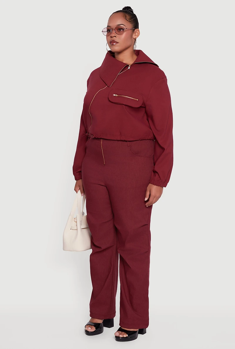 Womens Plus Size Hyper Stretch Asymmetrical Cropped Jacket, Burgundy, Size 2X