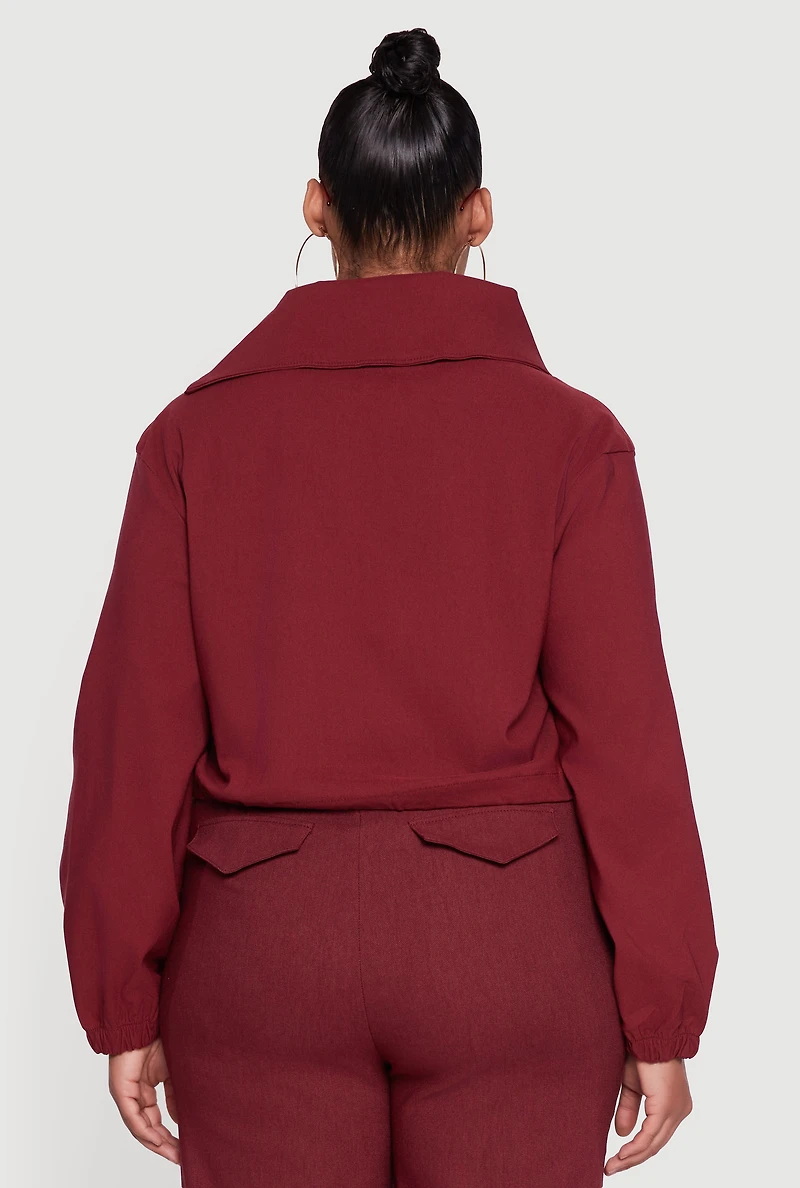 Womens Plus Size Hyper Stretch Asymmetrical Cropped Jacket, Burgundy, Size 2X
