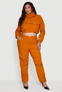 Womens Plus Size Hyper Stretch Exposed Zip Drawstring Hem Pants, Brown, Size 1X