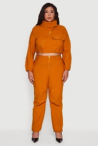 Womens Plus Size Hyper Stretch Exposed Zip Drawstring Hem Pants, Brown, Size 1X
