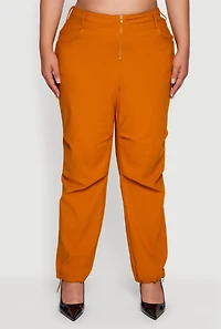 Womens Plus Size Hyper Stretch Exposed Zip Drawstring Hem Pants, Brown, Size 1X