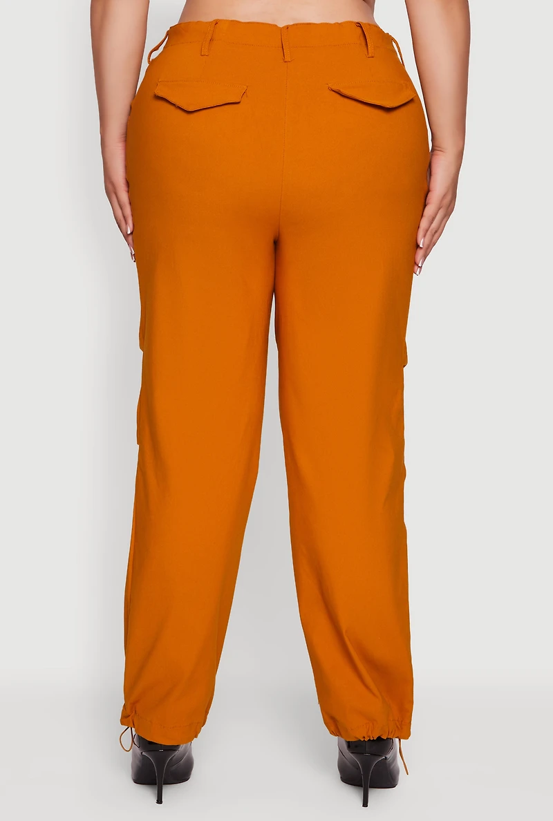 Womens Plus Size Hyper Stretch Exposed Zip Drawstring Hem Pants, Brown, Size 1X