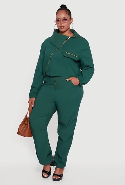 Womens Plus Size Hyper Stretch Exposed Zip Drawstring Hem Pants, Green, Size 1X