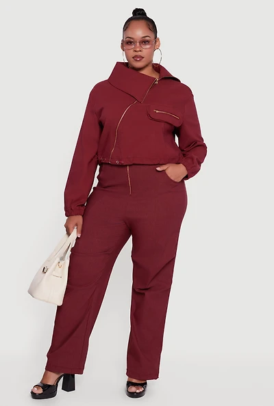 Womens Plus Size Hyper Stretch Exposed Zip Drawstring Hem Pants, Burgundy, Size 1X