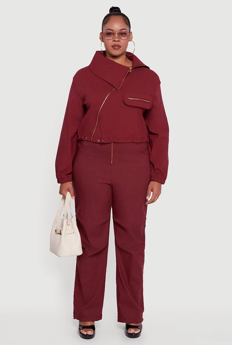 Womens Plus Size Hyper Stretch Exposed Zip Drawstring Hem Pants, Burgundy, Size 1X