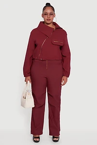 Womens Plus Size Hyper Stretch Exposed Zip Drawstring Hem Pants, Burgundy, Size 1X
