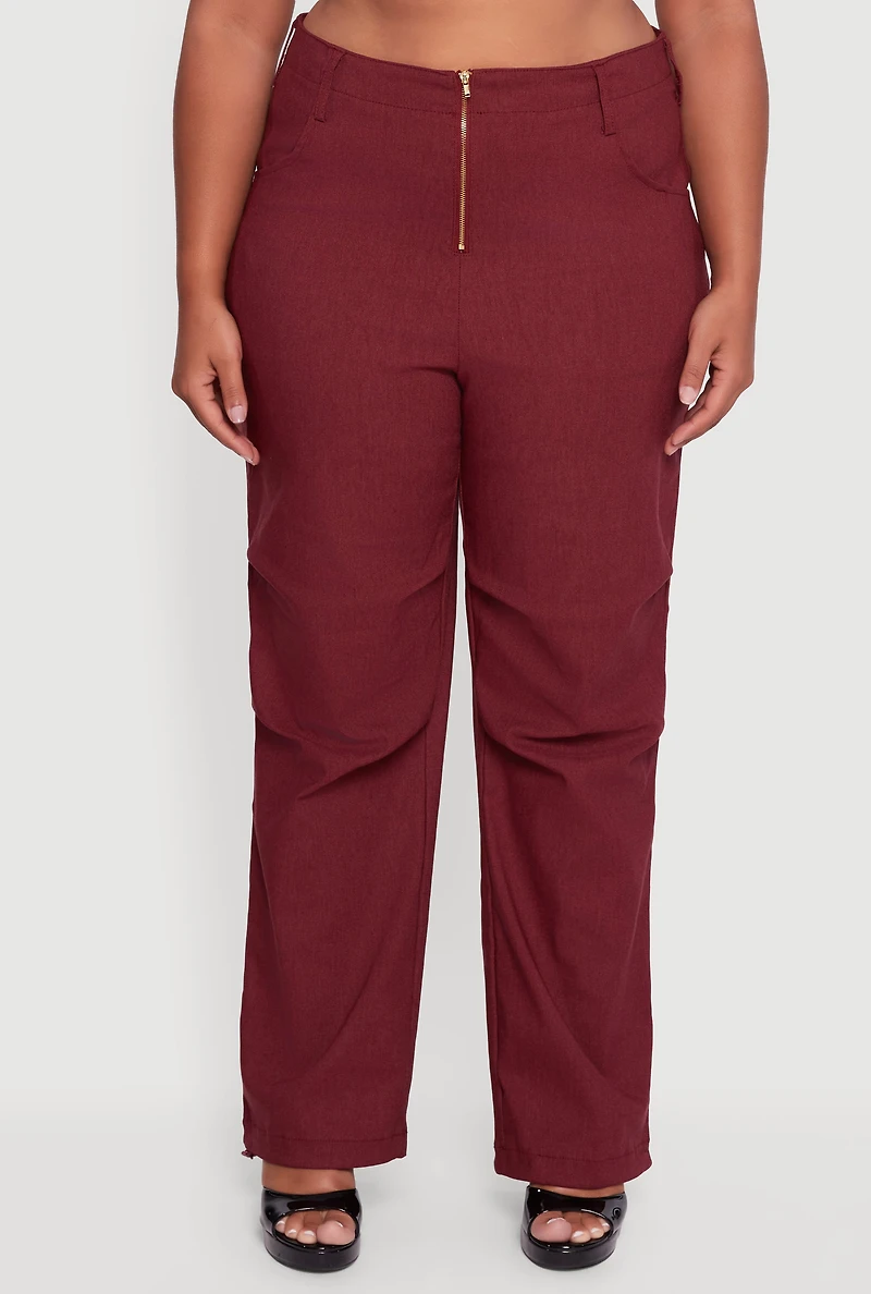 Womens Plus Size Hyper Stretch Exposed Zip Drawstring Hem Pants, Burgundy, Size 1X