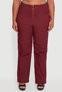 Womens Plus Size Hyper Stretch Exposed Zip Drawstring Hem Pants, Burgundy, Size 1X