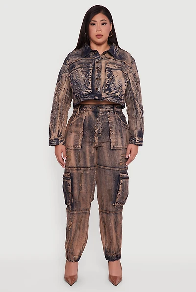 Plus Acid Wash Distressed Denim Cargo Joggers