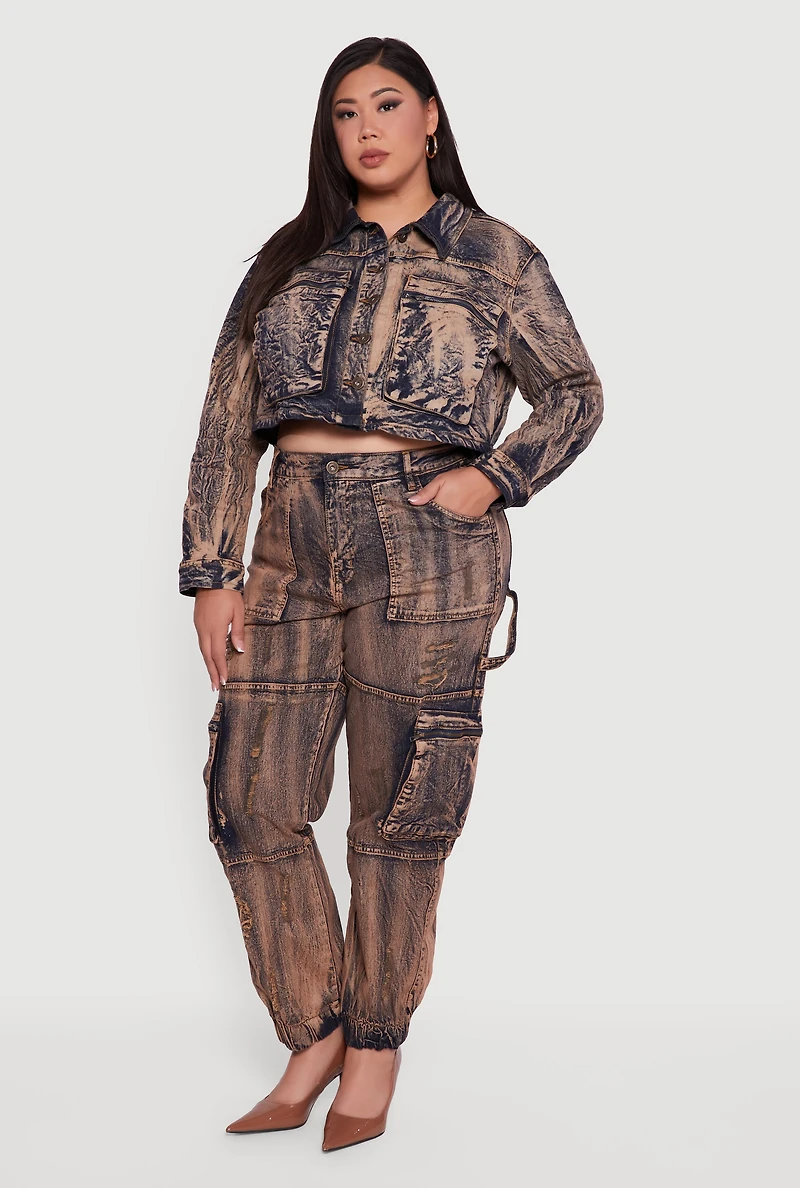 Womens Plus Size Acid Wash Distressed Denim Cargo Joggers, Brown, Size 2X