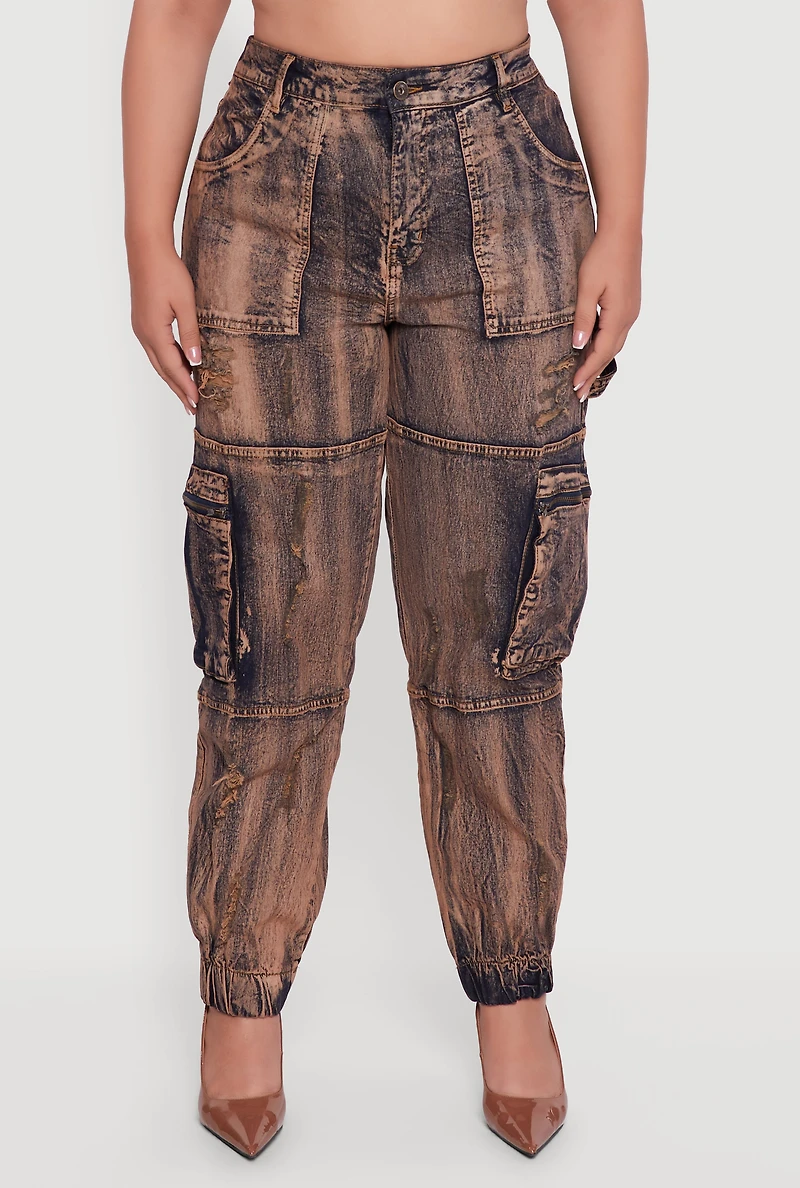 Womens Plus Acid Wash Distressed Denim Cargo Joggers, Brown,