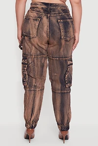 Womens Plus Acid Wash Distressed Denim Cargo Joggers, Brown,