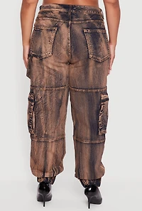 Womens Plus Size Acid Wash Distressed Denim Cargo Joggers, Brown, Size 2X