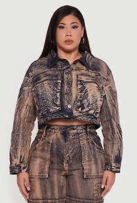 Womens Plus Size Acid Wash Button Front Long Sleeve Denim Jacket, Brown, Size 3X