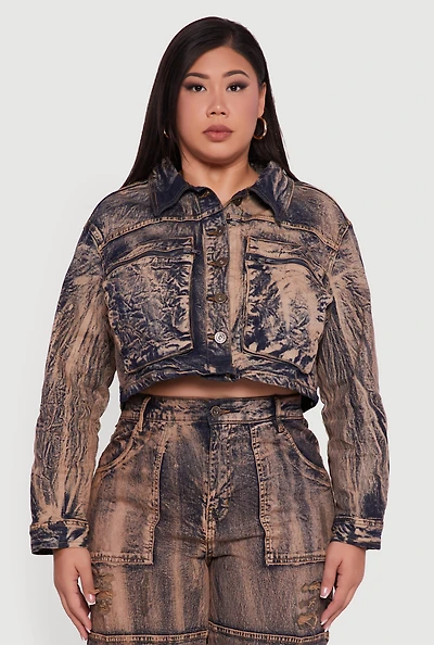 Womens Plus Acid Wash Button Front Long Sleeve Denim Jacket, Brown,