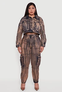 Womens Plus Size Acid Wash Button Front Long Sleeve Denim Jacket, Brown, Size 1X