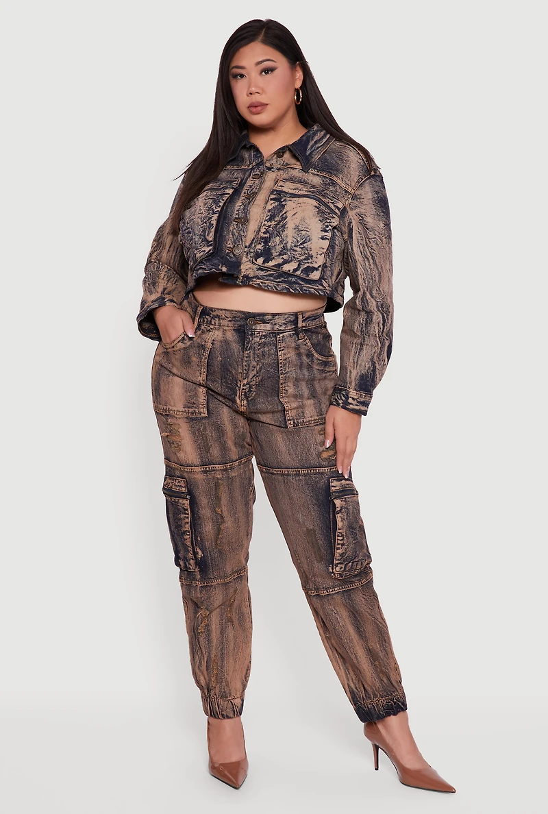 Womens Plus Size Acid Wash Button Front Long Sleeve Denim Jacket, Brown, Size 1X