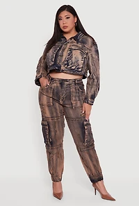 Womens Plus Size Acid Wash Button Front Long Sleeve Denim Jacket, Brown, Size 1X