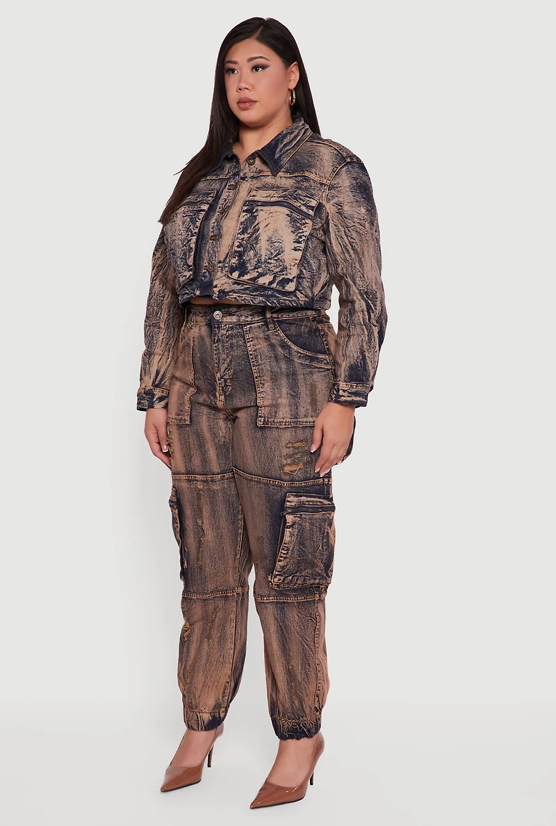 Womens Plus Size Acid Wash Button Front Long Sleeve Denim Jacket, Brown, Size 1X