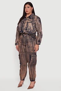Womens Plus Size Acid Wash Button Front Long Sleeve Denim Jacket, Brown, Size 1X