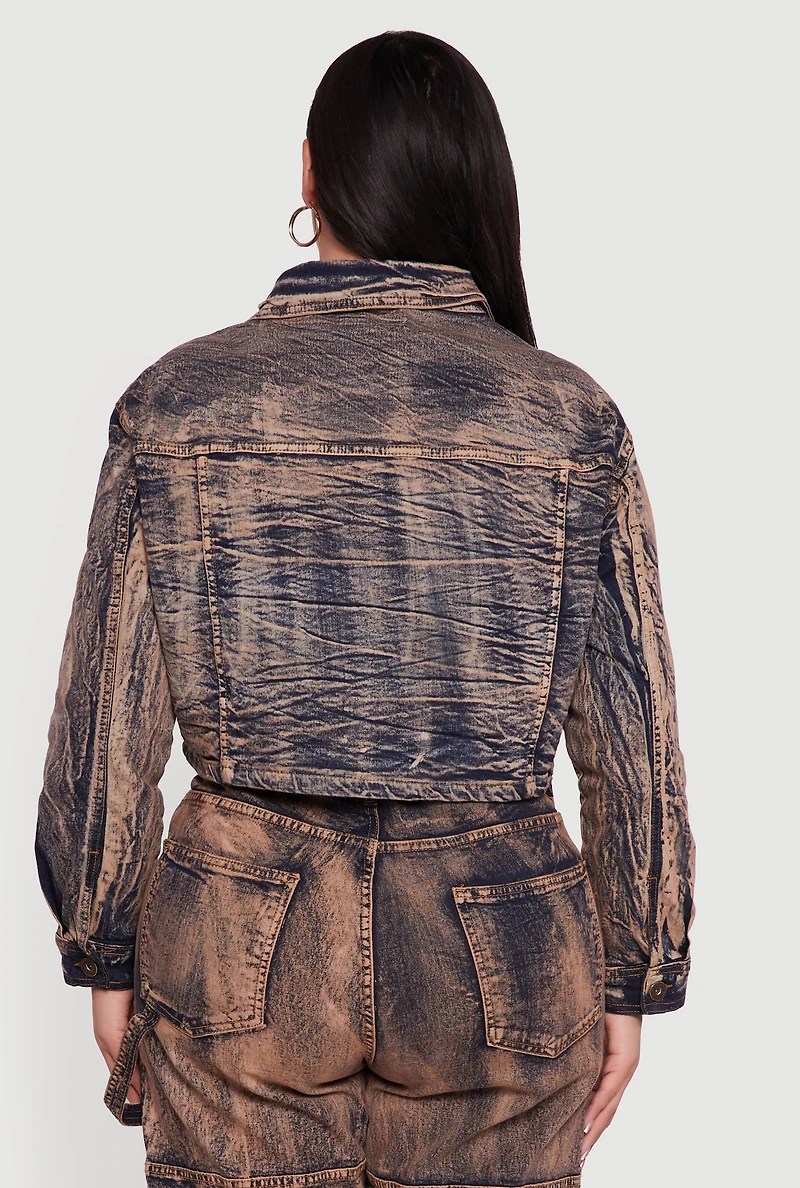 Womens Plus Size Acid Wash Button Front Long Sleeve Denim Jacket, Brown, Size 1X