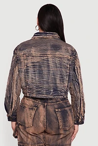 Womens Plus Size Acid Wash Button Front Long Sleeve Denim Jacket, Brown, Size 1X