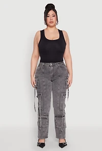 Womens Plus Size Mineral Wash Pintuck Cargo Jeans, Grey, Size 16