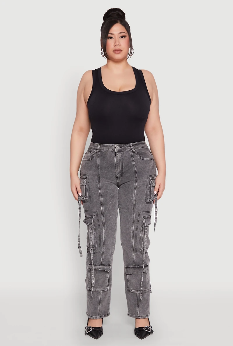 Womens Plus Size Mineral Wash Pintuck Cargo Jeans, Grey, Size 20