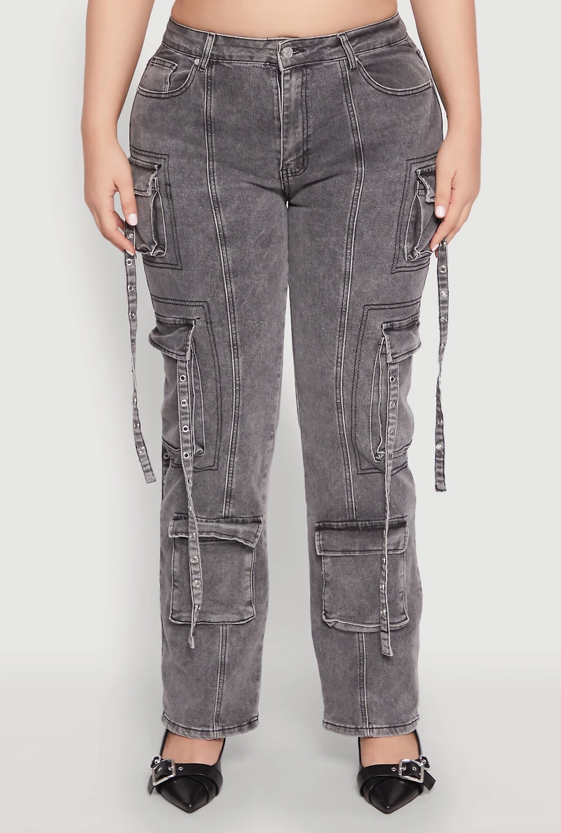 Womens Plus Size Mineral Wash Pintuck Cargo Jeans, Grey, Size 20