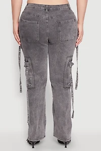 Womens Plus Size Mineral Wash Pintuck Cargo Jeans, Grey, Size 14