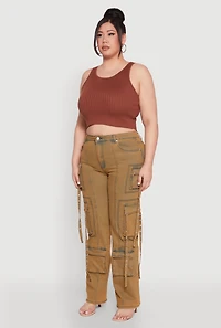 Womens Plus Size Mineral Wash Pintuck Cargo Jeans, Brown, Size 22