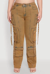 Womens Plus Size Mineral Wash Pintuck Cargo Jeans, Brown, Size 22