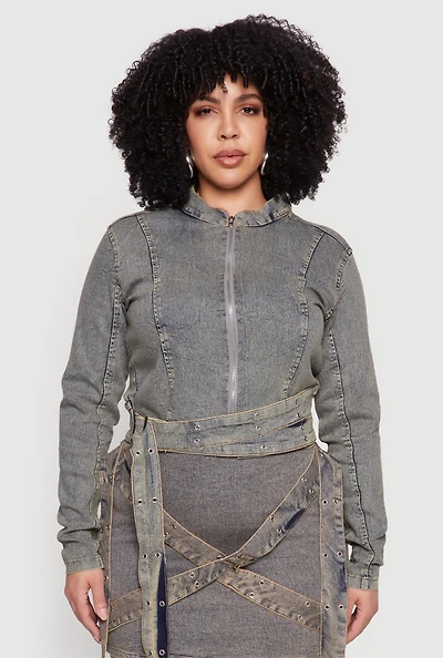 Womens Plus Size Mineral Wash Buckle Strap Jean Jacket, Blue, Size 2X