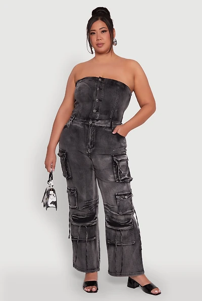 Womens Plus Daisy Acid Wash Denim Strapless Jumpsuit, Black,