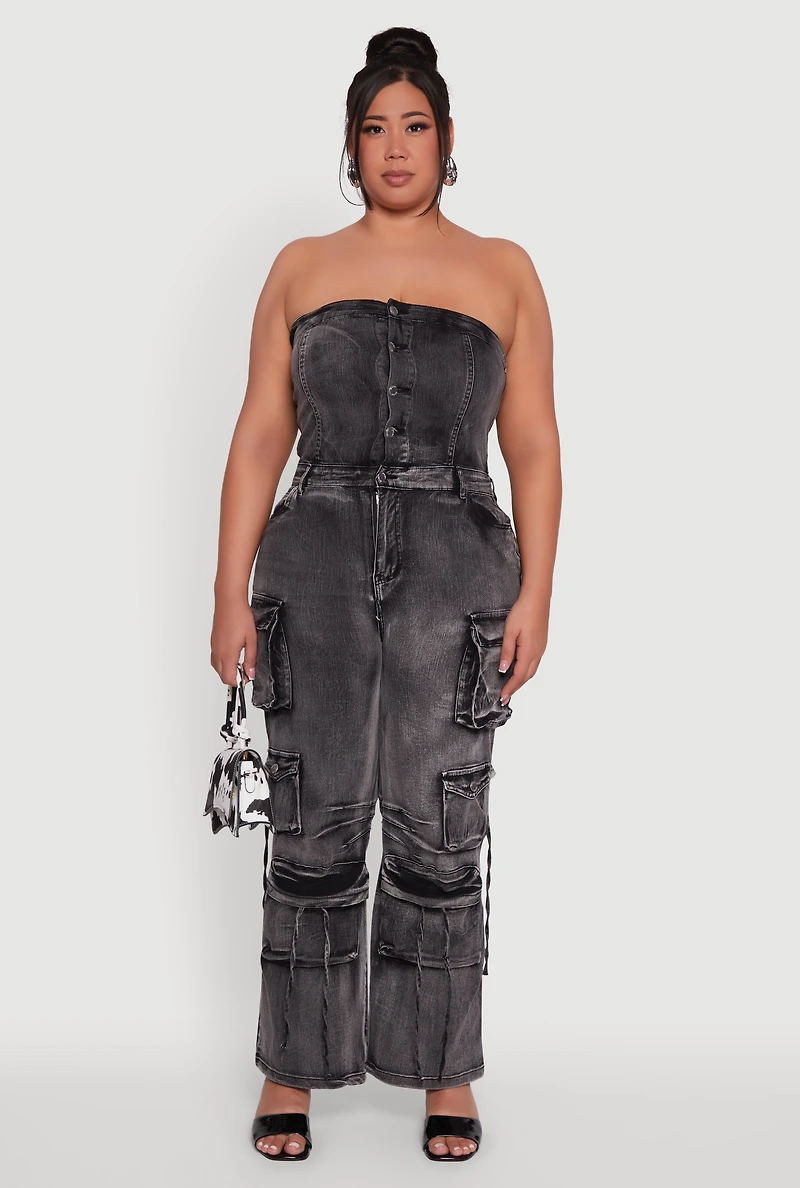 Womens Plus Size Daisy Acid Wash Denim Strapless Jumpsuit, Black, Size 1X