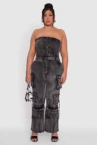Womens Plus Size Daisy Acid Wash Denim Strapless Jumpsuit, Black, Size 1X