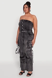 Womens Plus Size Daisy Acid Wash Denim Strapless Jumpsuit, Black, Size 1X