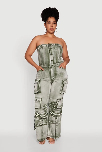 Womens Plus Size Daisy Acid Wash Denim Strapless Jumpsuit, Green, Size 1X